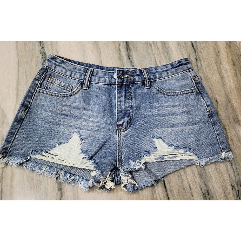 Folivora Denim Shorts Distressed Frayed Hem Blue NWT - Picture 2 of 10